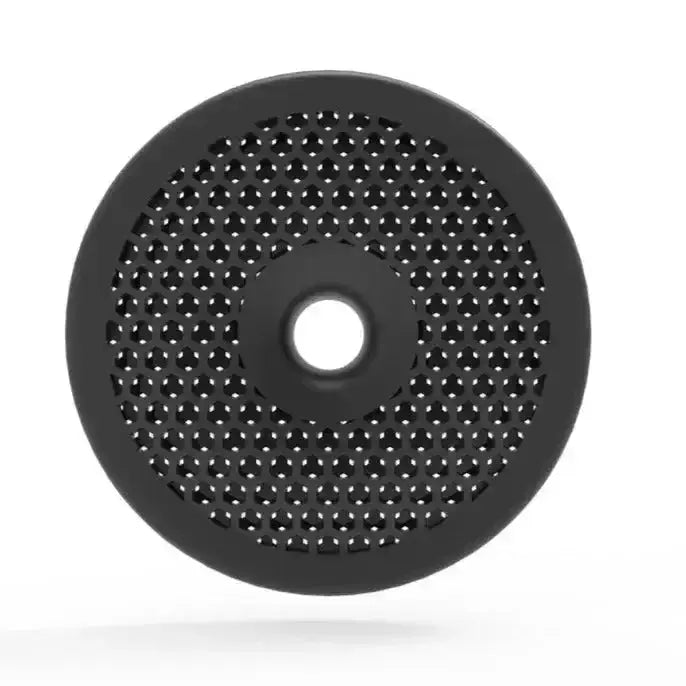 Black circular mesh gel bit guard with central hole and hexagonal perforations horsena easy fit space-saving design leaves