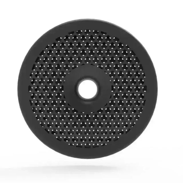 Black circular mesh gel bit guard with central hole and hexagonal perforations horsena easy fit space-saving design leaves