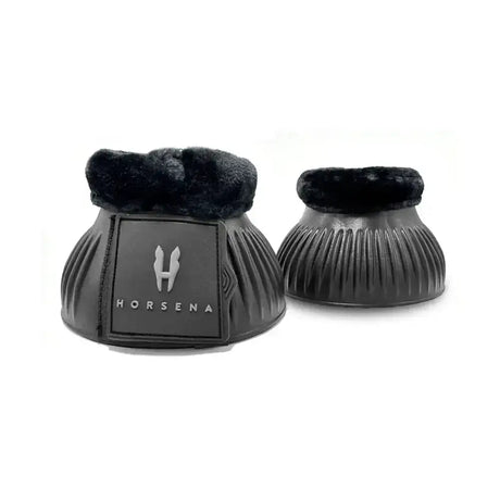 Black horsena pro-light reach boots with plush faux fur lining and ribbed design for over reach protection