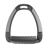 Black and gray horsena swap stirrup with textured ridged footplate for grip swap stirrup extra covers set of 4