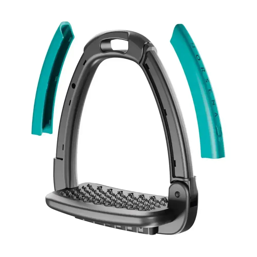 Black metal horsena swap stirrup with teal plastic inserts and textured grip surface for swap stirrup extra covers