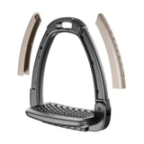 Black plastic horsena swap stirrup with textured footpad and beige interchangeable stirrup extra covers side panels