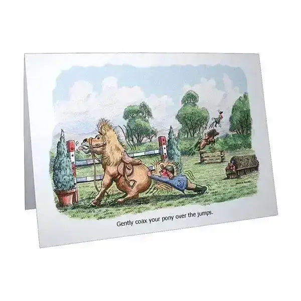 A whimsical ponies greeting card by armand foster with a blonde pony and person guiding over an obstacle course