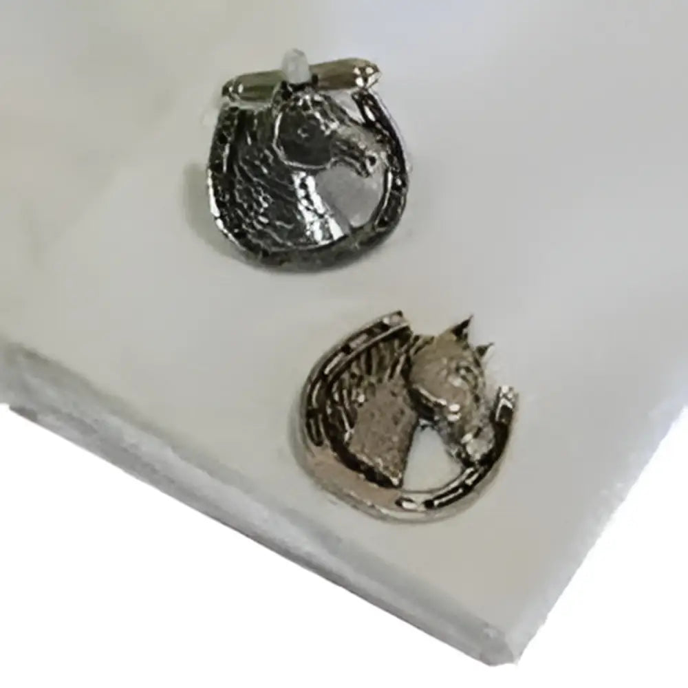 Silver horses head lucky cufflinks with polished metal horseshoe pewter design for stylish men