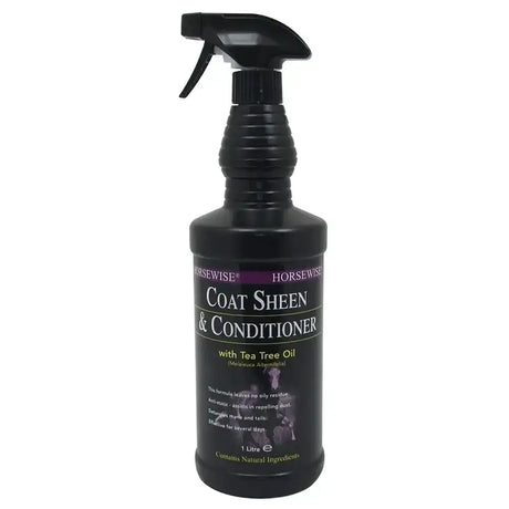 Black plastic spray bottle of horsewise coat sheen and conditioner with tea tree oil for glossy horsewise coat care