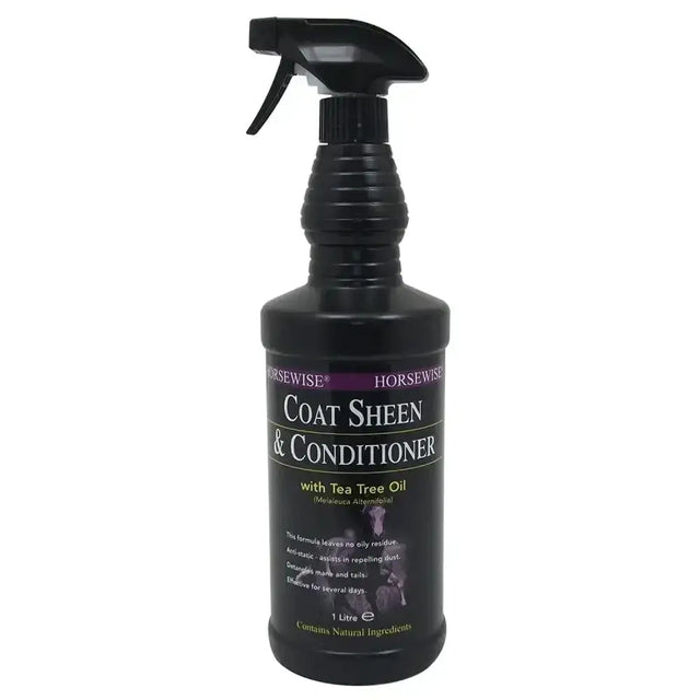 Black plastic spray bottle of horsewise coat sheen and conditioner with tea tree oil for glossy horsewise coat care