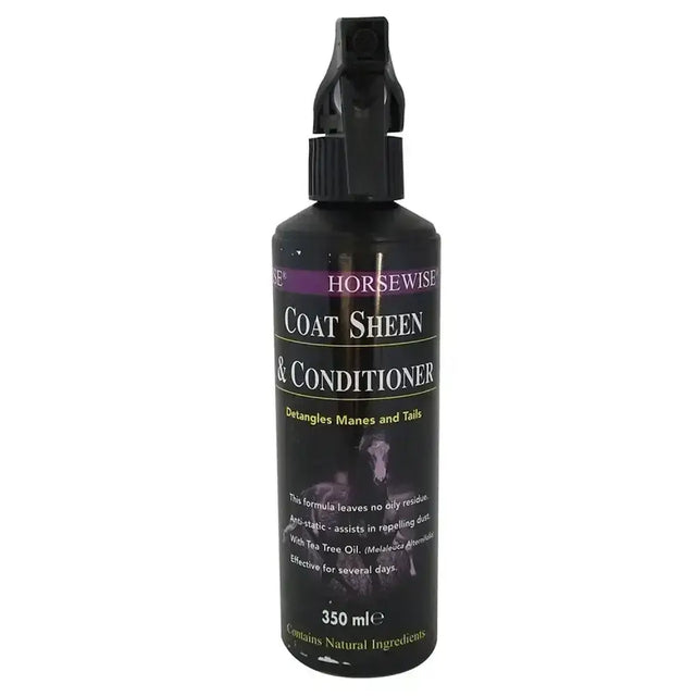Black plastic spray bottle of horsewise coat sheen and conditioner spray 350ml for a shiny coat sheen