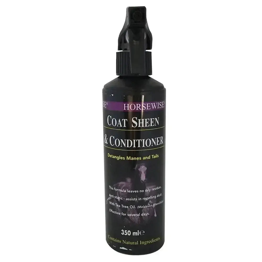 Black plastic spray bottle of horsewise coat sheen and conditioner 350ml for shiny horse coat care