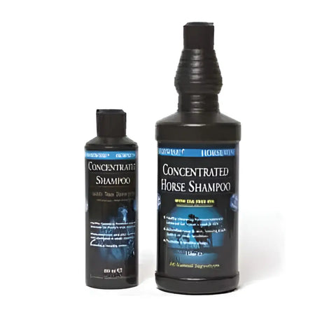 Black plastic bottles of horsewise concentrated shampoo with blue and white labels for balanced formulation gently cleaning