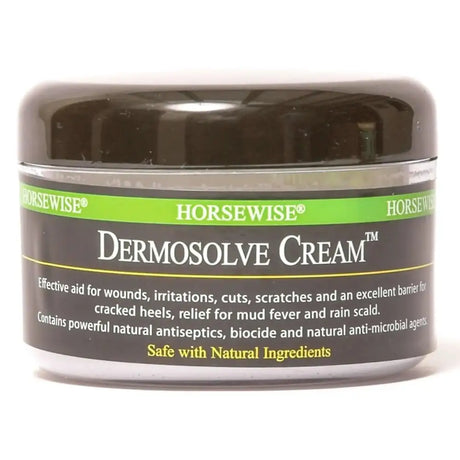 Horsewise dermosolve cream in a dark glossy jar with green and black label helps cracked heels and skin care