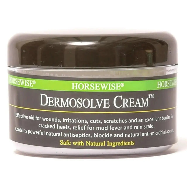 Horsewise dermosolve cream in a dark glossy jar with green and black label helps cracked heels and skin care