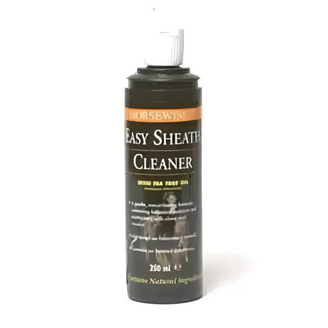 Dark green bottle of Horsewise easy sheath cleaner with white pump and orange label featuring non-irritant formula and botanical extracts
