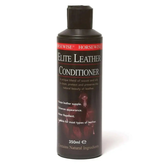Black plastic bottle of horsewise elite leather conditioner with red label for cleaning protecting and enhancing leather