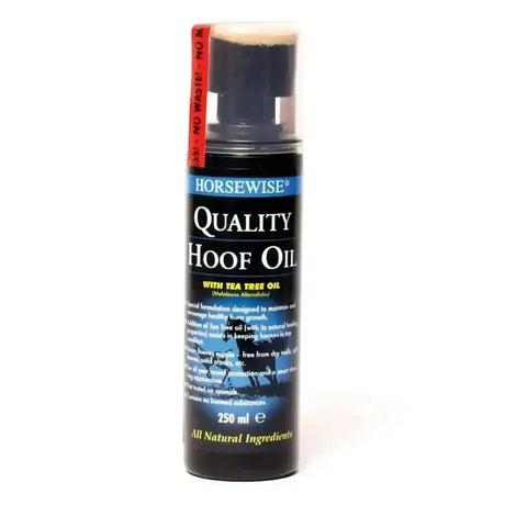 Black cylindrical bottle of horsewise hoof oil with tea tree oil and red no waste label keeps hooves supple and helps sand cracks