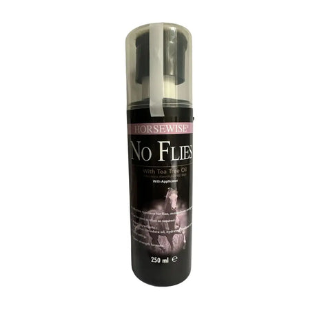 Black cylindrical spray bottle with transparent cap and white horsewise no flies label equipped with equestrian applicator for horses