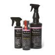Three black spray bottles with pink labels and nozzles of horsewise no flies naturally fly sprays with active ingredient