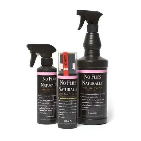 Three black spray bottles with pink labels and nozzles of horsewise no flies naturally fly sprays with active ingredient