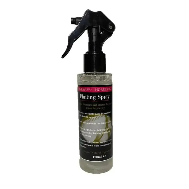Black horsewise plaiting spray bottle with clear liquid perfect mane care and plaiting spray cleans for horses