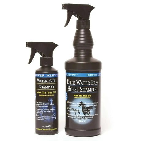 Two black spray bottles of horsewise water free shampoo with tea tree oil in 350ml and 1 litre water free formula