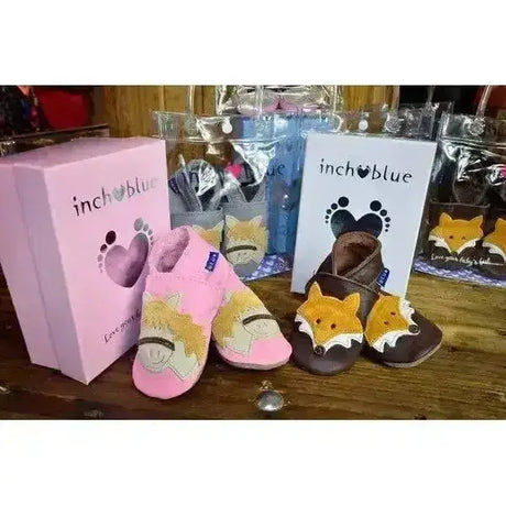 Pink and brown horsey baby leather junior moccasins from inch blue with soft leather and embroidered fox details