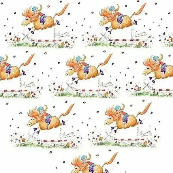 A charming cartoon on horsey gift wrap showing a child riding an orange horse leaping over striped hurdles with stars