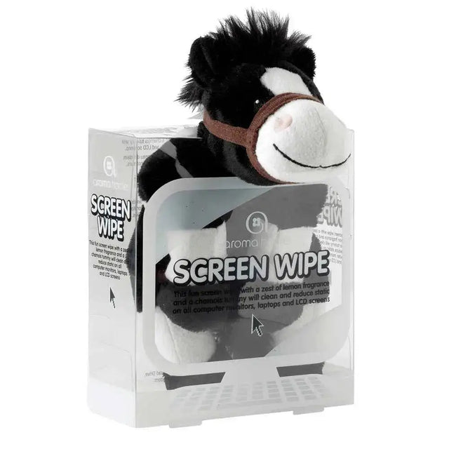 Black and white plush horse with brown bridle in clear package of horsey screen wipes for easy screen cleaning