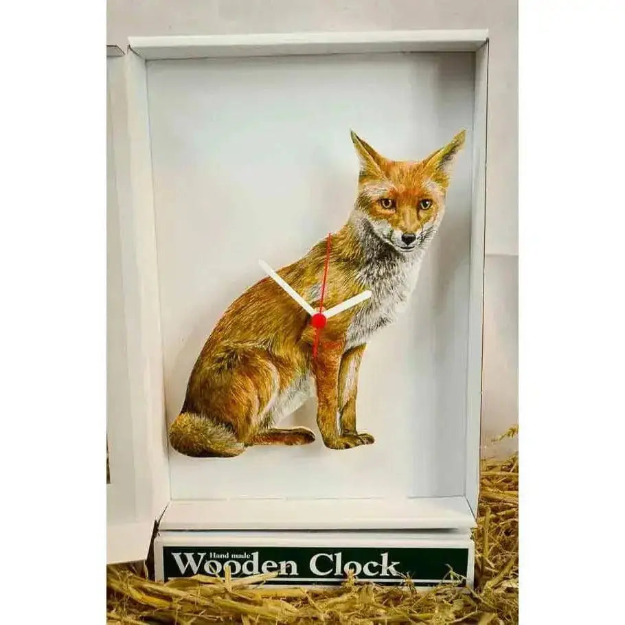Horsey wall clocks fox sitting handcrafted wooden clock with lifelike red fox and realistic fur from england wooden clocks