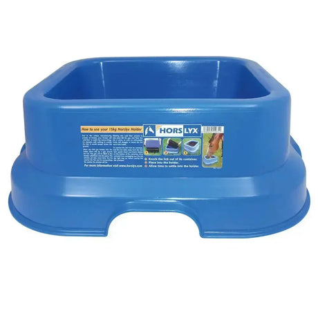 Blue plastic horslyx field lick holder 15kg with rectangular basin and foot cutout for cold flow use