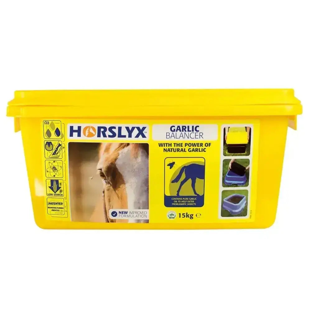 Bright yellow plastic container of horslyx garlic balancer 15kg natural garlic balancer horse lick product