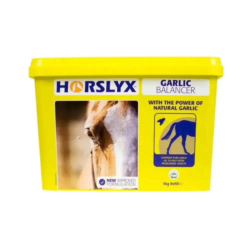 Bright yellow plastic 5kg refill container of horslyx garlic balancer horse lick for horses