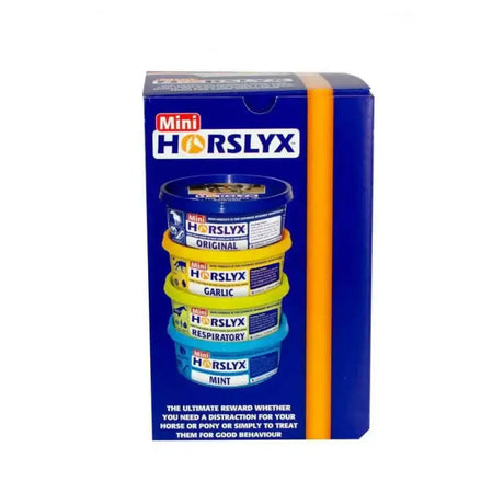 Horslyx mini mixed set of 4 blue and yellow packaged mini horslyx horse licks in a box for easy feeding