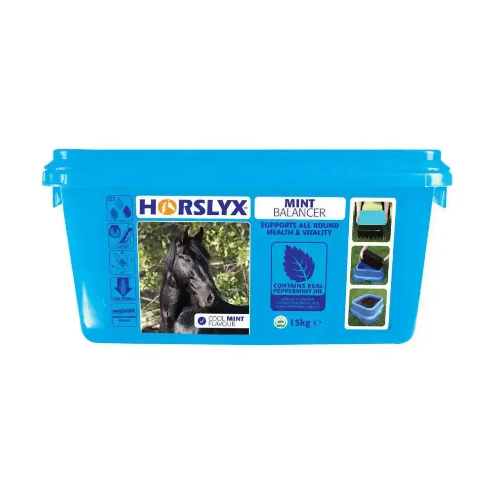 Bright blue plastic container of horslyx mint balancer horse lick featuring black horse and mint flavor for optimum lung support