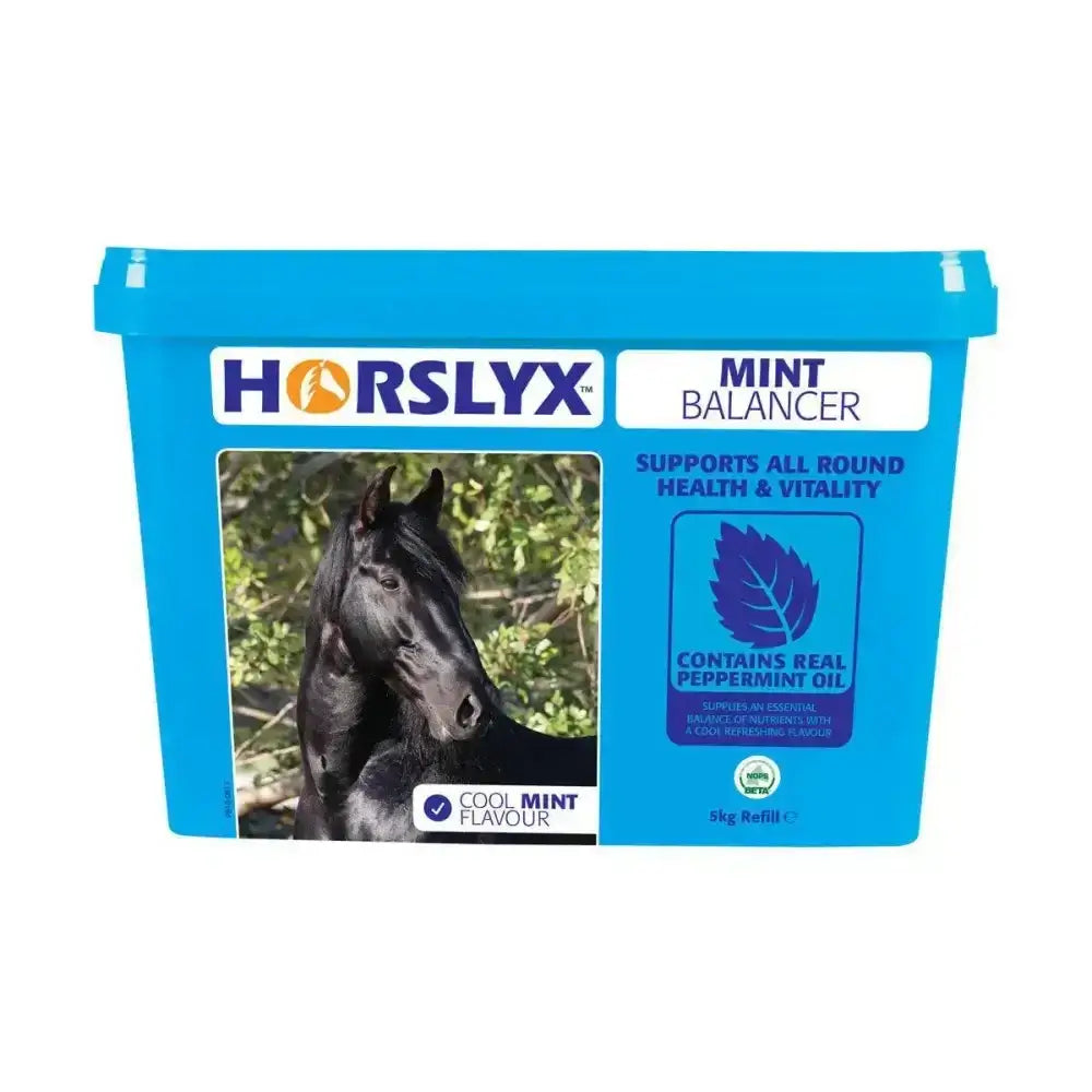 Bright blue plastic container of horslyx mint balancer horse lick with black horse image for optimum lung support
