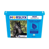 Bright blue plastic container of horslyx mint balancer horse lick with black horse image for optimum lung support