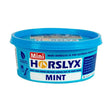 Blue plastic container of horslyx mint balancer mini horslyx mint balancer horse treat for optimum lung support
