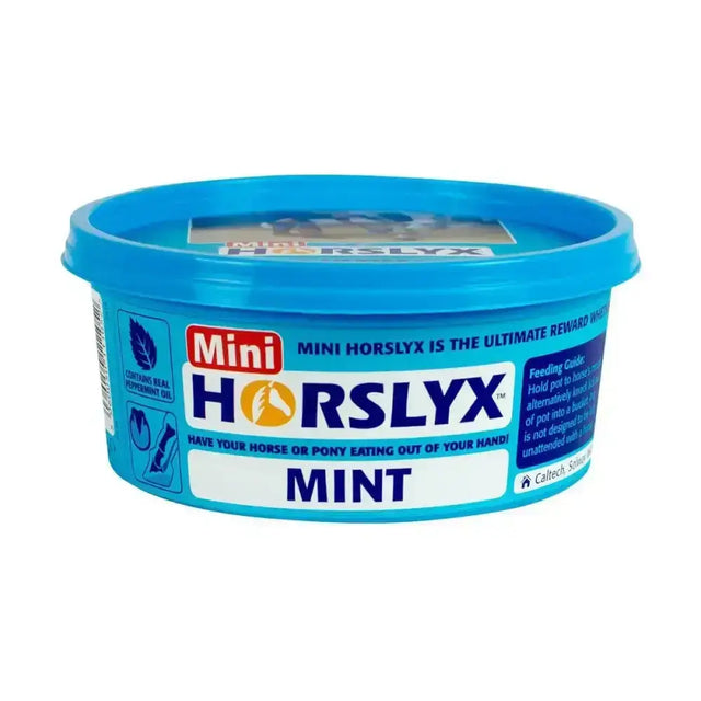 Blue plastic container of horslyx mint balancer mini horslyx mint balancer horse treat for optimum lung support