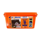 Bright orange plastic container of horslyx mobility balancer horse lick for improving horse mobility
