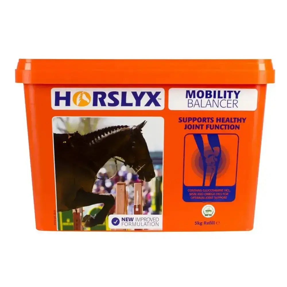 Bright orange plastic container of horslyx mobility balancer balancer horse lick supplement for horse mobility