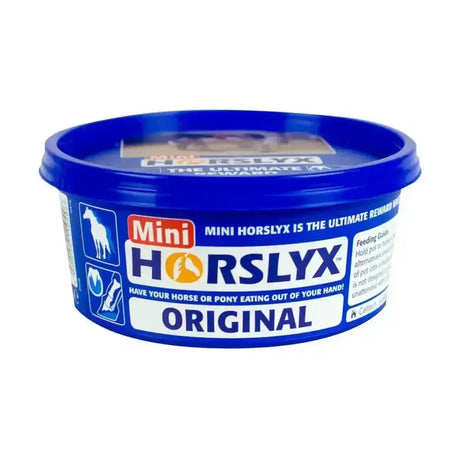 Blue plastic container of horslyx original balancer nutrient rich lick for horses in mini horslyx original treat form