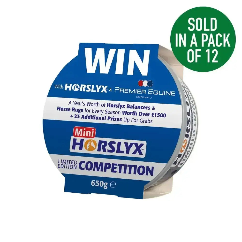 Blue and white circular limited edition horslyx original balancer mini nutrient rich balancer horse lick pack
