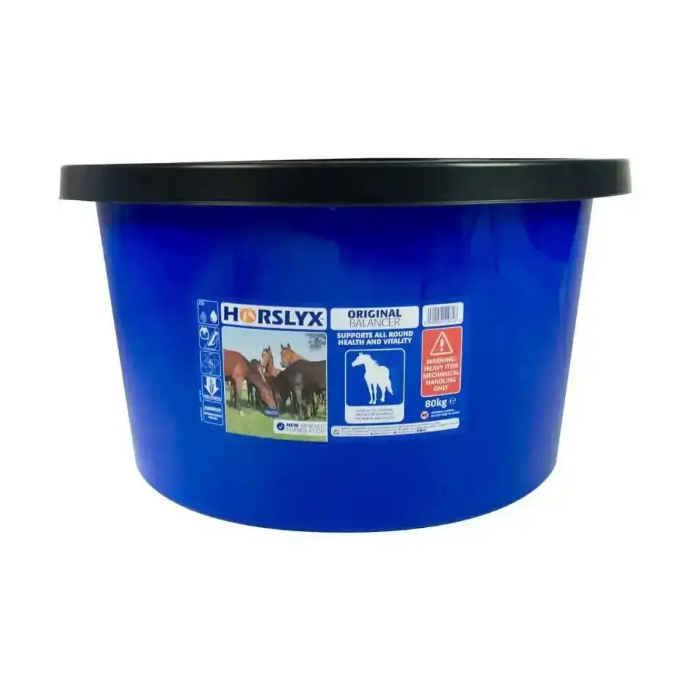 Blue plastic horslyx original balancer bucket with black lid and label showing horses nutrient rich balancer horse lick