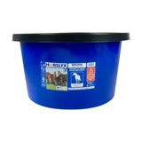 Blue plastic horslyx original balancer bucket with black lid and label showing horses nutrient rich balancer horse lick