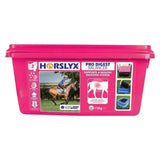 Bright pink plastic container of horslyx pro digest balancer horse lick for easy feeding and digestive support