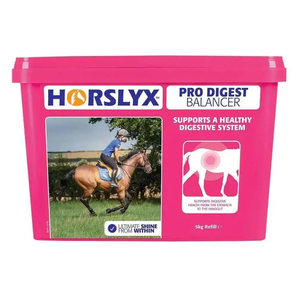Bright pink plastic 5kg refill container of horslyx pro digest balancer for horse digestive health and balance