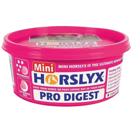 Pink plastic container of horslyx pro digest mini bite horse lick for digest balancer horse nutrition