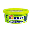 Bright lime green plastic container of horslyx respiratory balancer horse lick mini supplement for horse and pony health