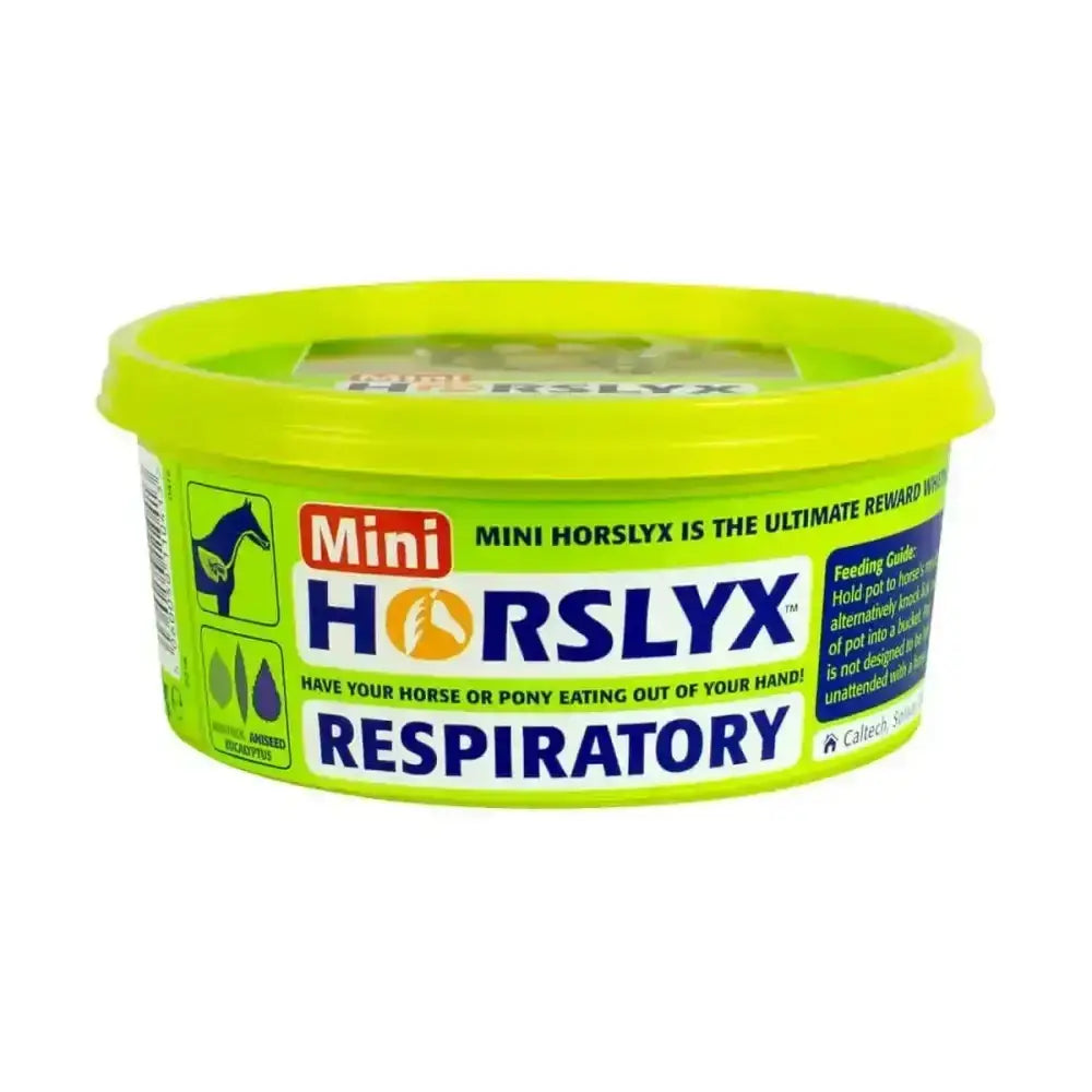 Bright lime green plastic container of horslyx respiratory balancer horse lick mini supplement for horse and pony health