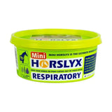 Bright lime green plastic container of horslyx respiratory balancer horse lick mini supplement for horse and pony health