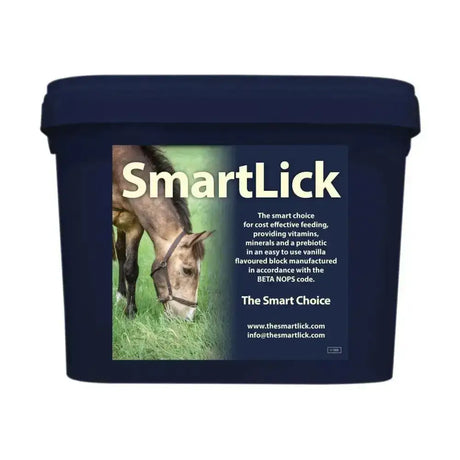 Dark blue plastic container of horslyx smartlick vanilla flavored block beta nops code for horses