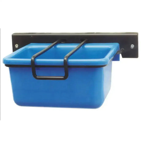 Blue plastic horslyx stable lick holder with black metal frame and detachable restrictor bar for easy mounting